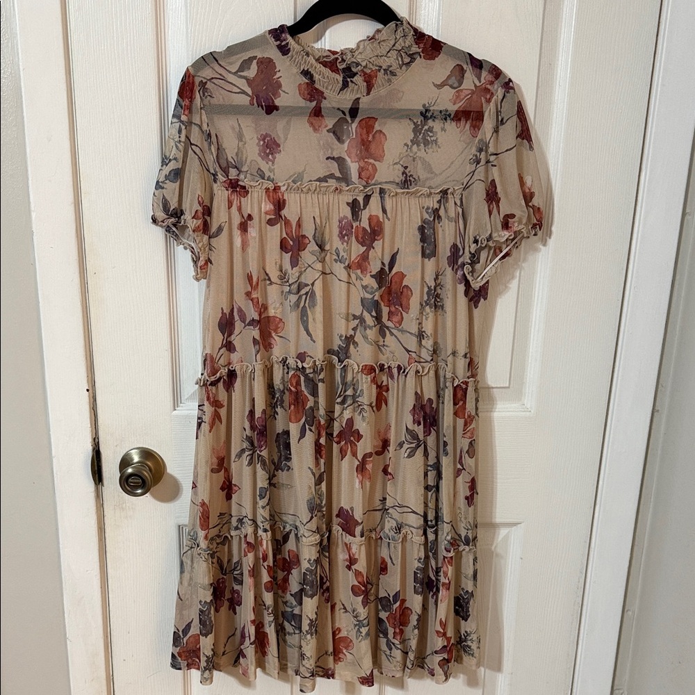 Elegant Floral Midi Dress in Cream and Purple